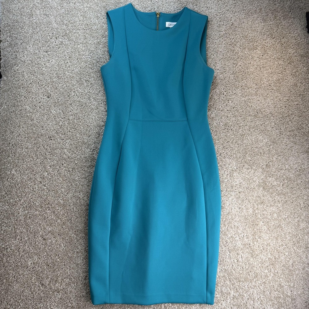 Calvin Klein Dress Womens 6 Blue Sleeveless Sheath Exposed Zip Knee Length